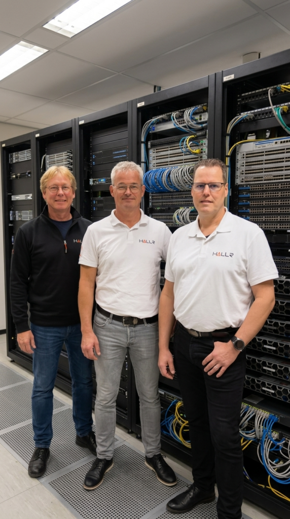 De drie oprichters van Hallr voor actieve datacenter racks.